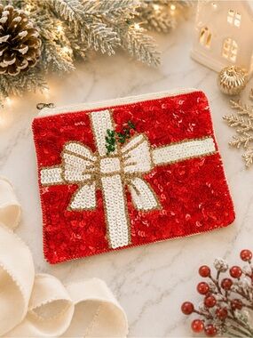 Sequin Holiday Gift Bow Zip Pouch